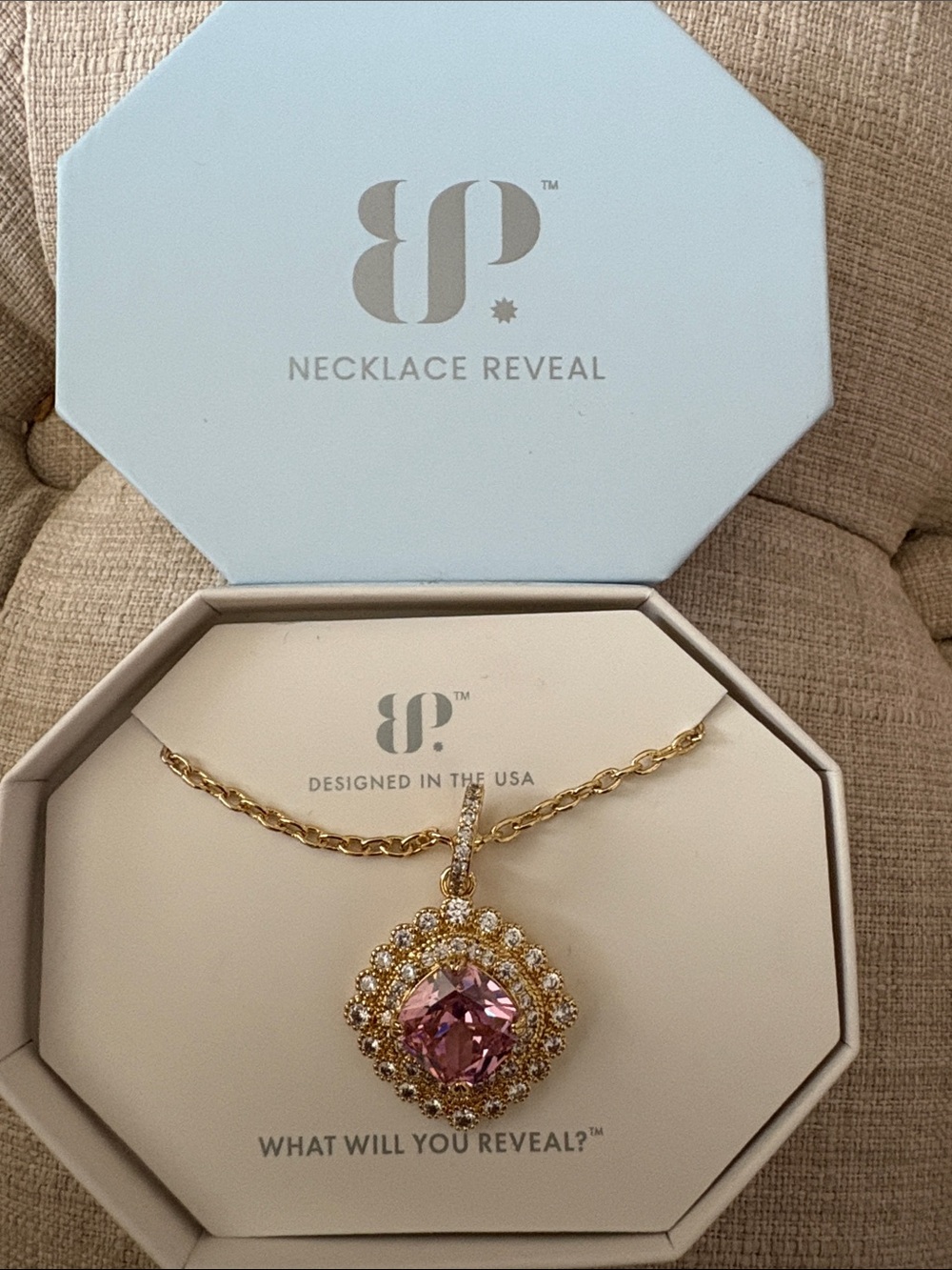 Gold Necklace with Pink Crystal Halo Pendant by Necklace Reveal